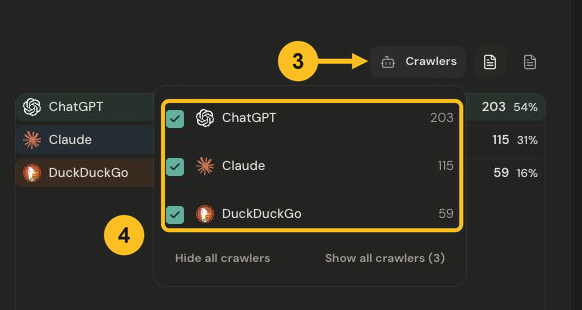 Detail crop from the wide desktop bot report, with badge 3 pointing to Crawlers and badge 4 outlining the open menu of checked ChatGPT, Claude, and DuckDuckGo operators.