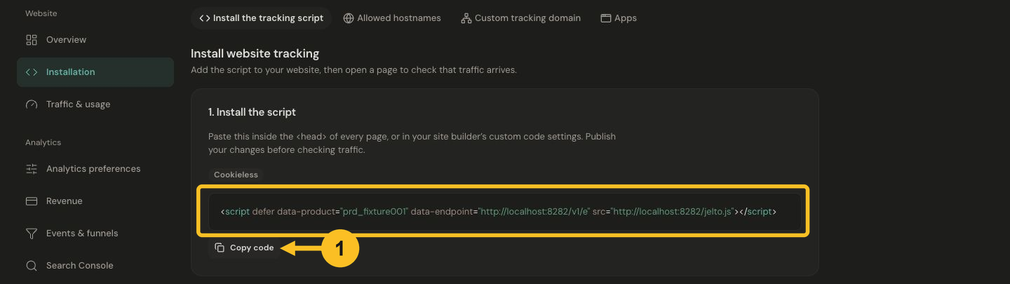 Wide dark Installation settings with the real tracking script outlined and badge 1 pointing to Copy code.