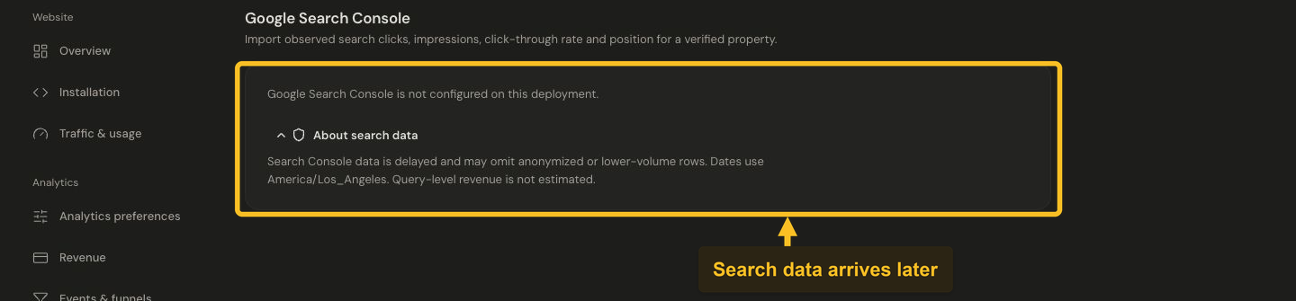 Wide Search Console settings outlining the actual not-configured state and About search data, with a callout explaining delayed reporting.