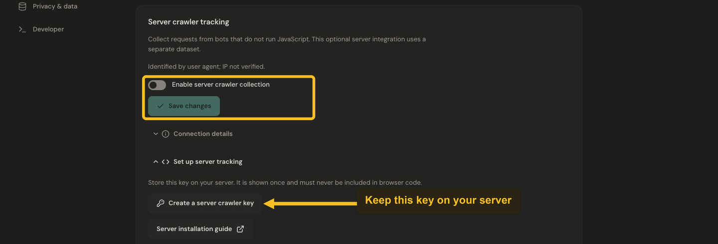 Wide Server crawler tracking settings with the enable and save controls outlined and a callout identifying the private server-key creation control.